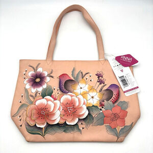 NEW Anna by Anuschka 8045 Pink Pebbled Leather Flowers Birds Painted Tote Purse